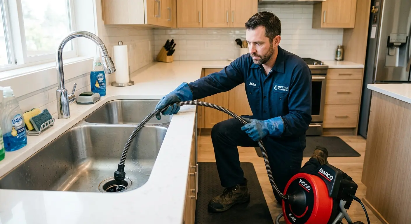 Drain cleaning technician using a motorized snake on a kitchen sink in Chicago Ridge