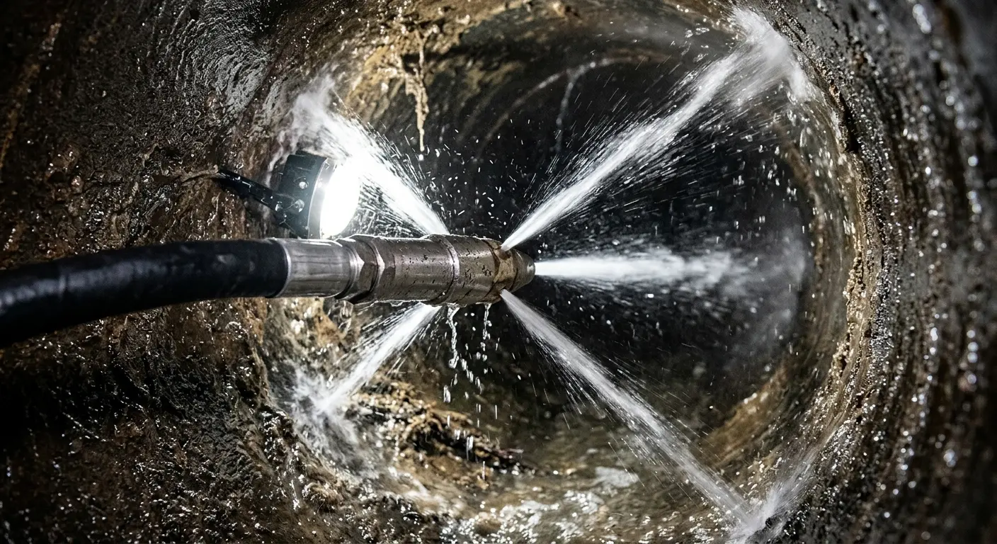 High-pressure hydro jetting nozzle cleaning sewer pipe for Trenchless Sewer Repair in Chicago Ridge