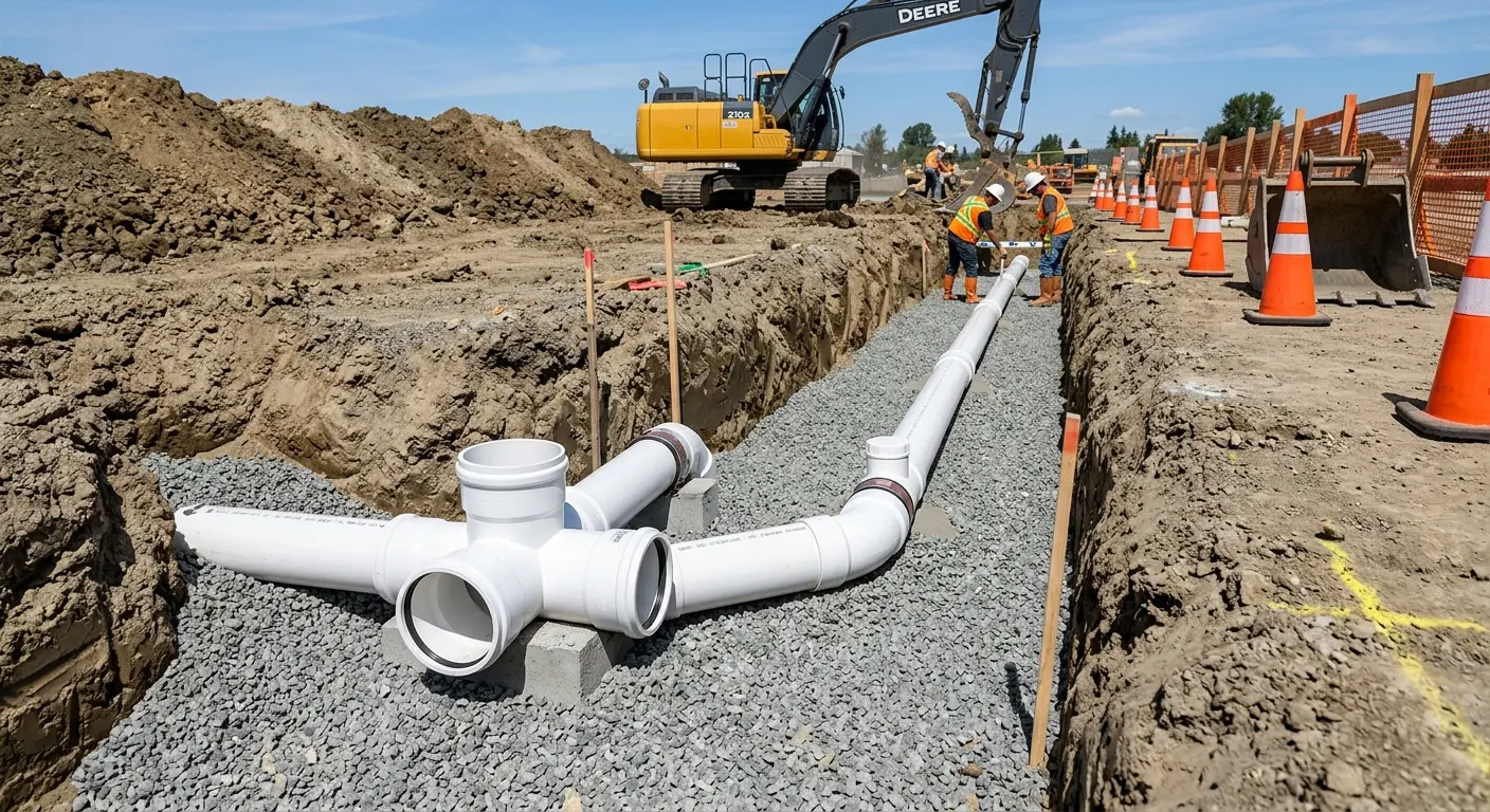 New PVC sewer pipe installation in open trench for Commercial Drain Cleaning in Chicago Ridge