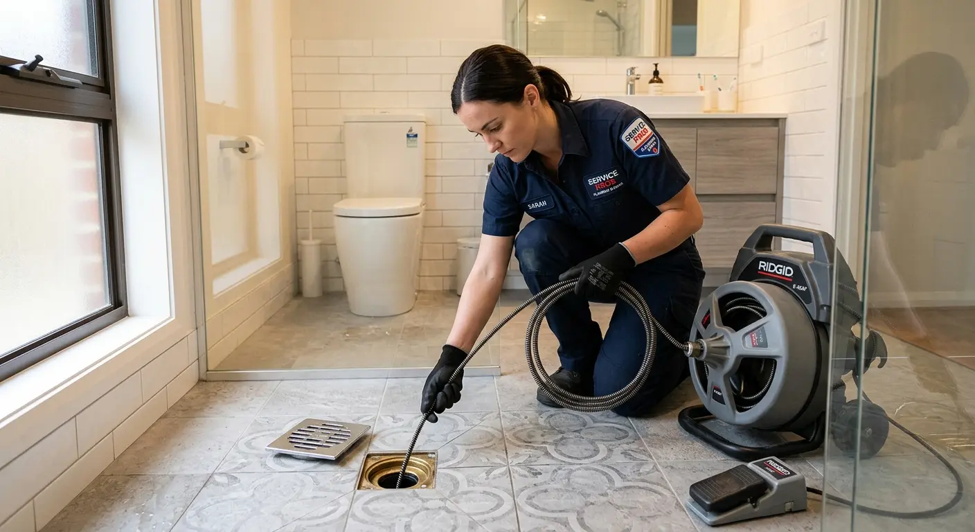 Technician clearing a bathroom floor drain for Drain Repair in Chicago Ridge